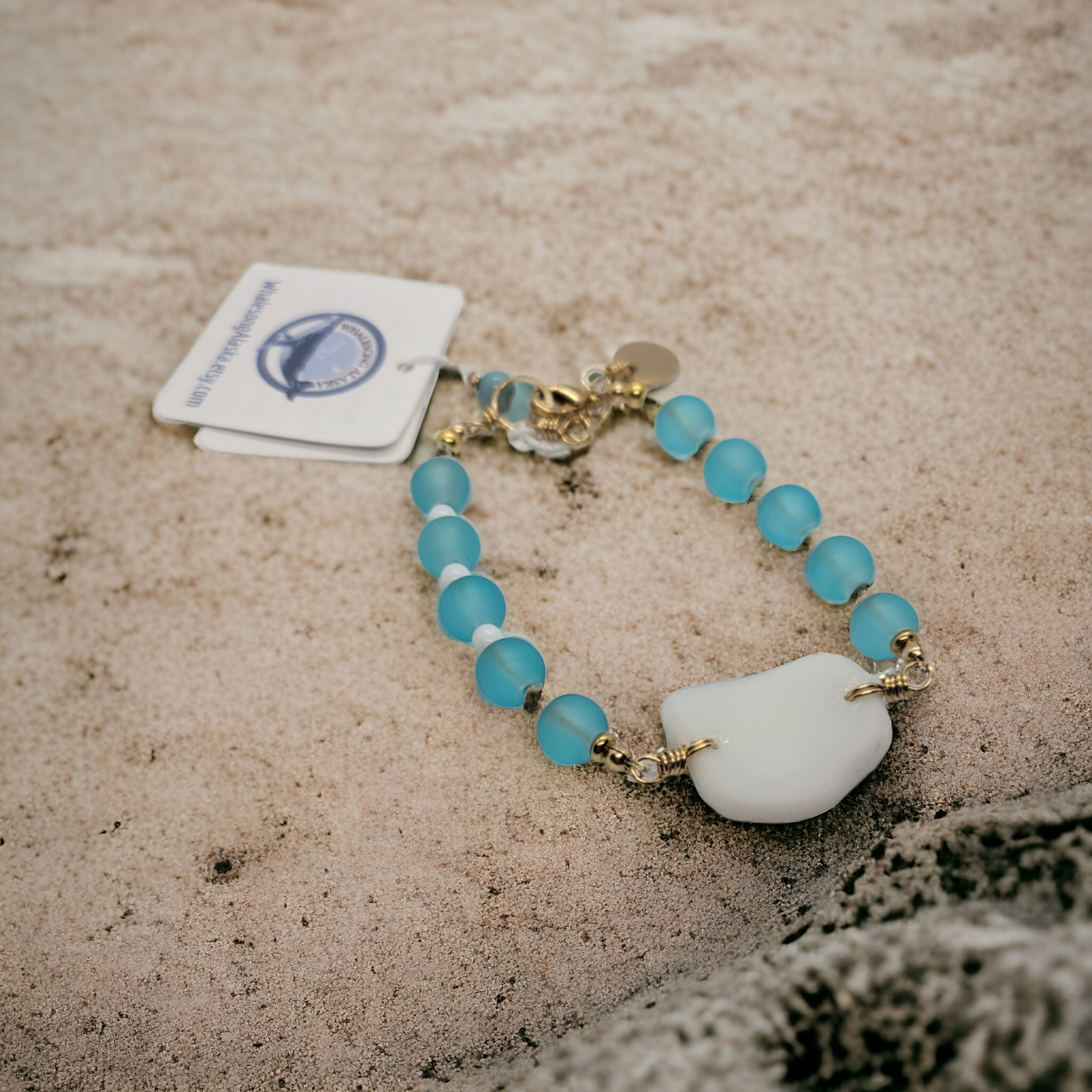 Blue glass beaded bracelet with beach glass & real Alaskan beach stones