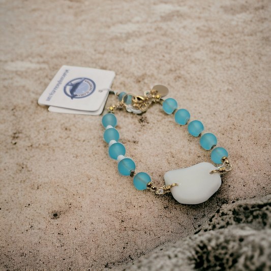 Blue glass beaded bracelet with beach glass & real Alaskan beach stones